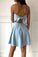 Simple Spaghetti Straps Light Blue Satin Homecoming Dresses Cute Short Prom Dresses H1286