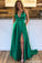 Simple Spaghetti Straps V Neck Green Prom Dresses with Split Side