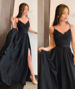 Simple Spaghetti Straps V Neck Lace Black Prom Dresses Side Slit Evening Dresses RS737