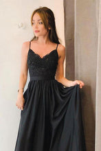 Load image into Gallery viewer, Simple Spaghetti Straps V Neck Lace Black Prom Dresses Side Slit Evening Dresses RS737