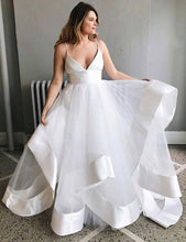 Load image into Gallery viewer, Simple Spaghetti Straps V Neck Wedding Dress Tulle Ruffles Backless Bridal Gowns W1007