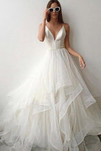 Load image into Gallery viewer, Simple Spaghetti Straps V Neck Wedding Dress Tulle Ruffles Backless Bridal Gowns W1007