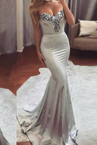 Simple Sweetheart Sleeveless Strapless Mermaid Gray Prom Dresses with Beading RS372
