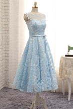 Load image into Gallery viewer, Simple Tea Length Light Blue Lace Homecoming Dress with Belt Short Prom Dress H1042