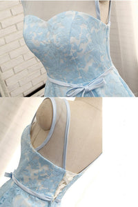 Simple Tea Length Light Blue Lace Homecoming Dress with Belt Short Prom Dress H1042