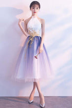 Load image into Gallery viewer, Simple Tulle White and Blue Ankle Length Halter Backless Sleeveless Graduation Dresses H1005
