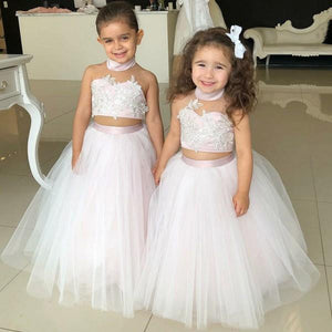 Simple Two Piece Ball Gown Halter Blush Pink Flower Girl Dresses with Appliques RS881