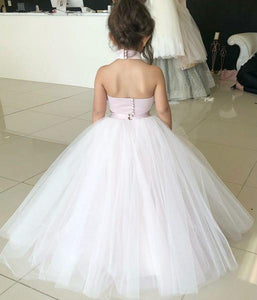 Simple Two Piece Ball Gown Halter Blush Pink Flower Girl Dresses with Appliques RS881