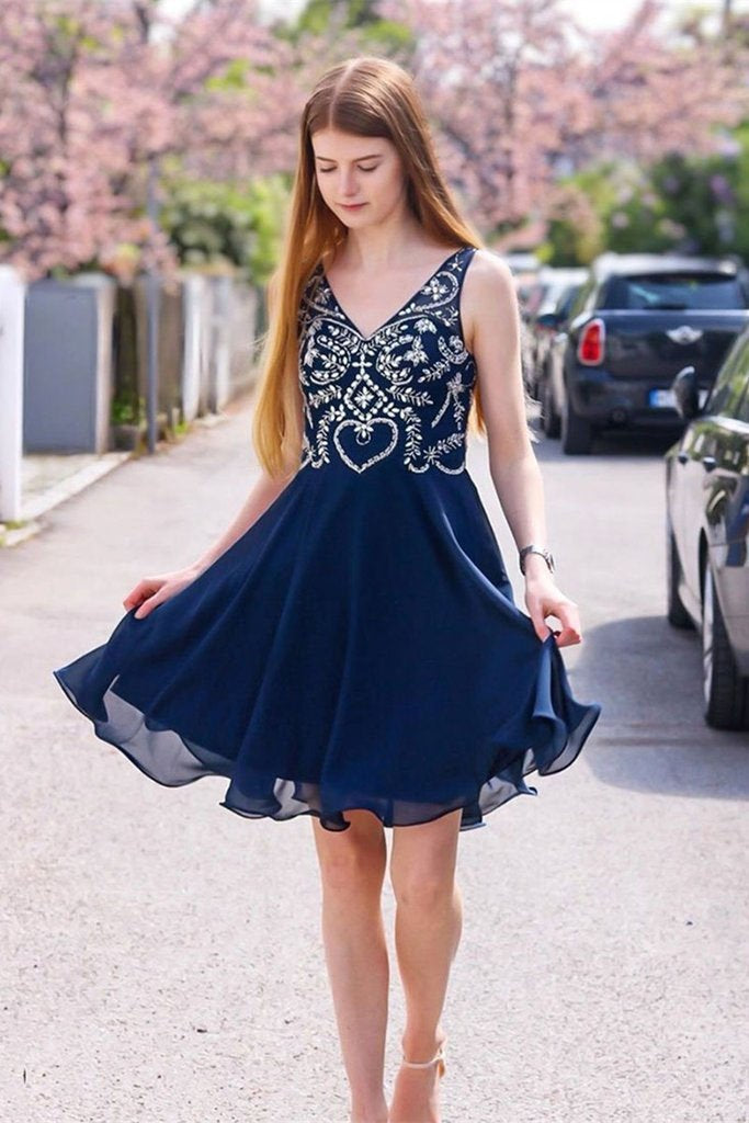 Simple V Neck Chiffon Navy Blue Homecoming Dresses with Appliques Party Dresses H1151