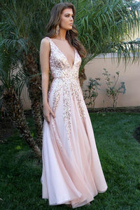 Simple V Neck Long A-line Pink Sequins Open Back Simple Flowy Prom Dresses RS405