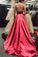 Simple V Neck Spaghetti Straps Red Satin Long Prom Dresses with Pockets Backless RS641