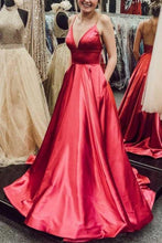 Load image into Gallery viewer, Simple V Neck Spaghetti Straps Red Satin Long Prom Dresses with Pockets Backless RS641