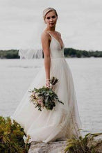 Load image into Gallery viewer, Simple V Neckline Spaghetti Strap Backless Ivory A Line Cheap Beach Wedding Dresses W1015
