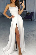 Load image into Gallery viewer, Simple White Scoop High Slit Satin Prom Dresses Long Cheap Prom Gowns RS564