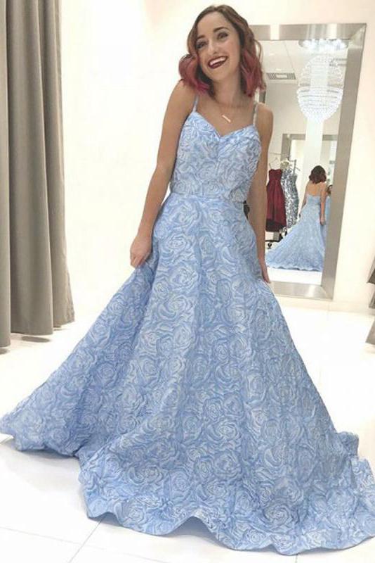 Sky Blue Floral Spaghetti Straps Prom Dresses Lace Appliques Backless Evening Dress RS608