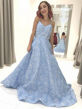 Load image into Gallery viewer, Sky Blue Floral Spaghetti Straps Prom Dresses Lace Appliques Backless Evening Dress RS608