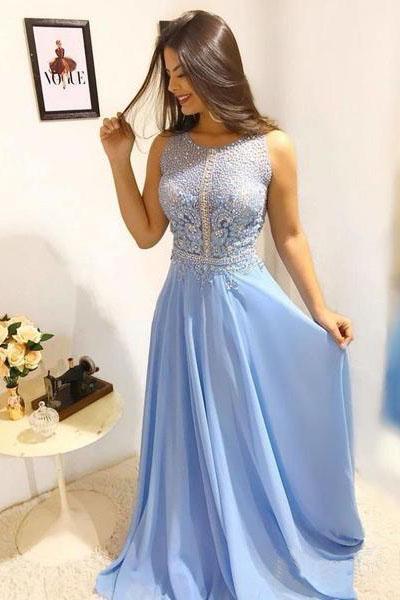 Sky Blue Long Scoop Chiffon Formal Dresses Long Beads Sleeveless Prom Dresses RS434