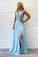 Sky Blue V Neck Lace Prom Dresses with Split Side Long Formal Dresses