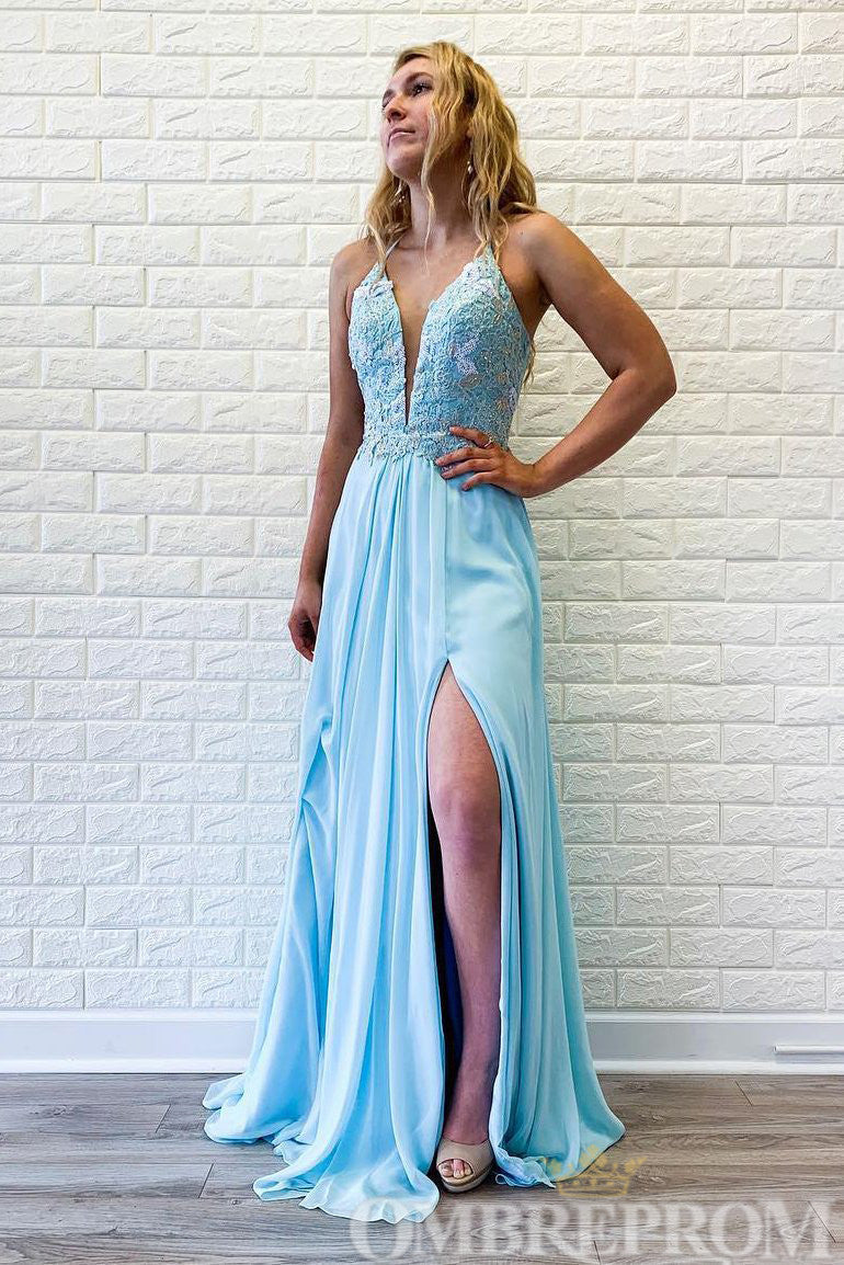 Sky Blue V Neck Lace Prom Dresses with Split Side Long Formal Dresses