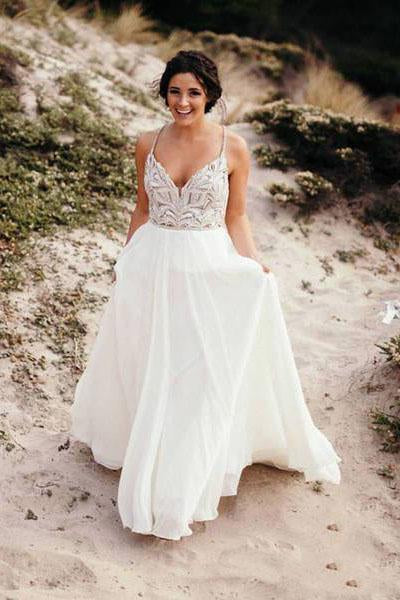 Spaghetti Strap Beaded Wedding Dress Ivory Chiffon V Neck Rustic Wedding Dresses RS478