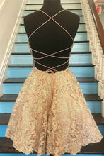 Load image into Gallery viewer, Spaghetti Strap Vintage Gold Lace Applique Criss Cross Short Homecoming Dresses RS765
