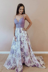 Spaghetti Straps A-line Prom Dresses Lace Floral V Neck Purple Formal Dresses RS529