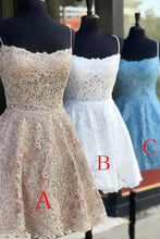Load image into Gallery viewer, Spaghetti Straps Backless Lace Homecoming Dress Short Lace Graduation Dresses H1213