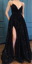 Load image into Gallery viewer, A Line Spaghetti Straps Black Sparkle Long Prom Dresses with Pockets V Neck Sequins Slit RS475