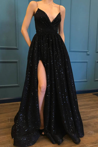 A Line Spaghetti Straps Black Sparkle Long Prom Dresses with Pockets V Neck Sequins Slit RS475