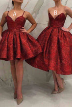 Load image into Gallery viewer, Spaghetti Straps Burgundy V Neck Ball Gown Sequins Homecoming Dresses Short Dress H1163