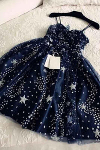 Spaghetti Straps Navy Blue Tulle Sweetheart Homecoming Dresses Short Prom Dresses RS755