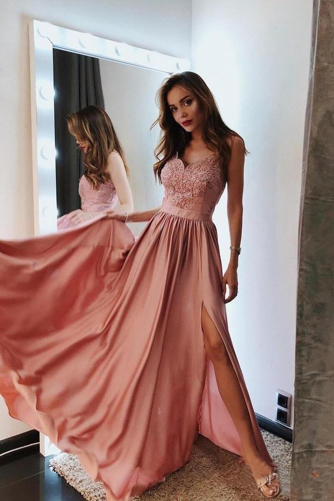 Spaghetti Straps Pink V Neck Prom Dresses Lace and Beaded Prom Dress with Slit RS741