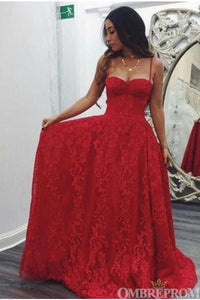 Spaghetti Straps Sweetheart Floor Length Red Lace Prom Dresses