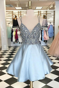 Spaghetti Straps V Neck Above Knee Grey Satin Homecoming Dress with Beads Pockets H1301