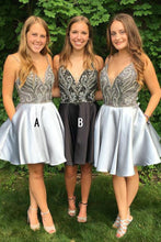 Load image into Gallery viewer, Spaghetti Straps V Neck Above Knee Grey Satin Homecoming Dress with Beads Pockets H1301
