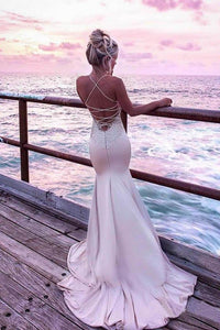 Spaghetti Straps V Neck Satin Prom Dresses Lace Criss Cross Mermaid Evening Dresses RS524