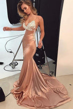 Load image into Gallery viewer, Spaghetti Straps V Neck Satin Prom Dresses Lace Criss Cross Mermaid Evening Dresses RS524