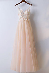 Spaghetti Straps V Neck Tulle With Appliques Prom Dresses Long Cheap Formal Dress RS507