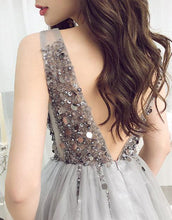 Load image into Gallery viewer, Sparkle Short Grey Sequins Party Dress V Neck Tulle Backless Homecoming Dresses H1141