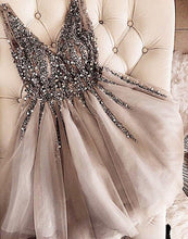 Load image into Gallery viewer, Sparkle Short Grey Sequins Party Dress V Neck Tulle Backless Homecoming Dresses H1141