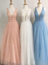 Load image into Gallery viewer, Sparkly Deep V Neck Long Beaded Backless Light Blue Prom Dresses Cheap Party Dress RS982