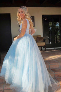 Sparkly Deep V Neck Long Beaded Backless Light Blue Prom Dresses Cheap Party Dress RS982