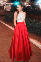 Load image into Gallery viewer, Sparkly Open Back Halter Beading Red Long Prom Dresses with Pockets Party Dresses PW403