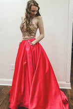 Load image into Gallery viewer, Sparkly Two Piece Beaded Satin Red High Neck Long Prom Dresses with Pockets RS742