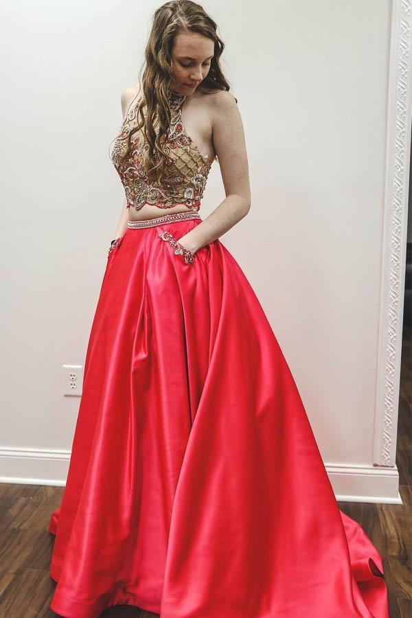 Sparkly Two Piece Beaded Satin Red High Neck Long Prom Dresses with Pockets RS742