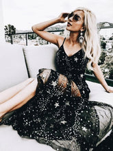 Load image into Gallery viewer, Sparkly V Neck Black Prom Dresses Spaghetti Straps A line Star Lace Long Party Dresses P1040