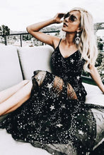 Load image into Gallery viewer, Sparkly V Neck Black Prom Dresses Spaghetti Straps A line Star Lace Long Party Dresses P1040