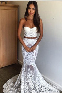 Strapless Lace Two Piece Sweetheart Mermaid Wedding Dresses Long Bridal Dresses RS688