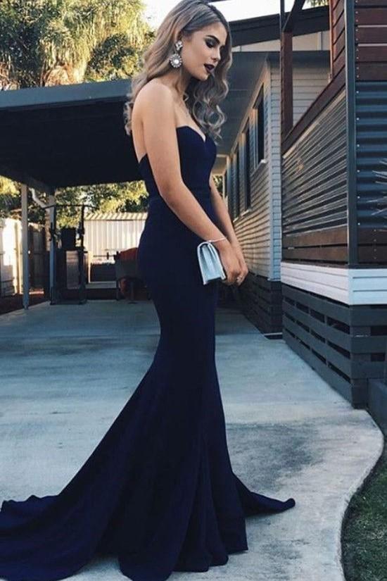 Strapless Mermaid Prom Gowns with Sweep Train Navy Blue Backless Prom Dresses RS488