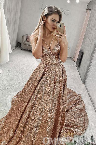 Stunning V Neck Prom Dresses with Sequins Long Party Gown